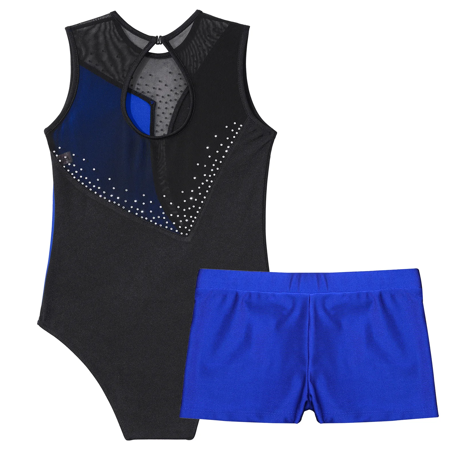 Collant de dança sem mangas com strass brilhante para crianças, bodysuit de ginástica com shorts, roupa dançante para meninas