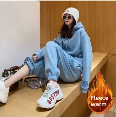 طقم رياضي نسائي سميك مبطن بالصوف فضفاض مناسب كاجوال مكون من قطعتين للخريف والشتاء على الطراز الكوري مريح