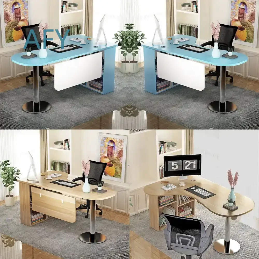 Modern Minimalist Curved Corner Desk with Bookshelf for Home Office Study Room Computer Desk for Streaming Workstation