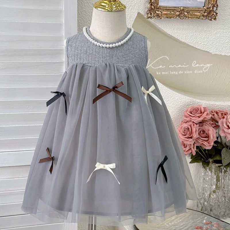 ZLXZ-Girls' Dress2024Summer New Sweet Baby Girl Milk Yarn Princess Dress Fashionable Bow Vest Dress