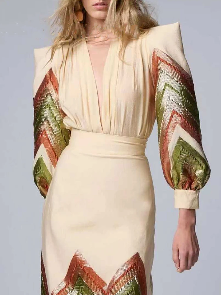 Vintage Contrast Color Commute 2 Piece Sets Sexy V-neck Lantern Sleeve Tops&Skirts Sets Temperament High Waist Half Skirts Suits