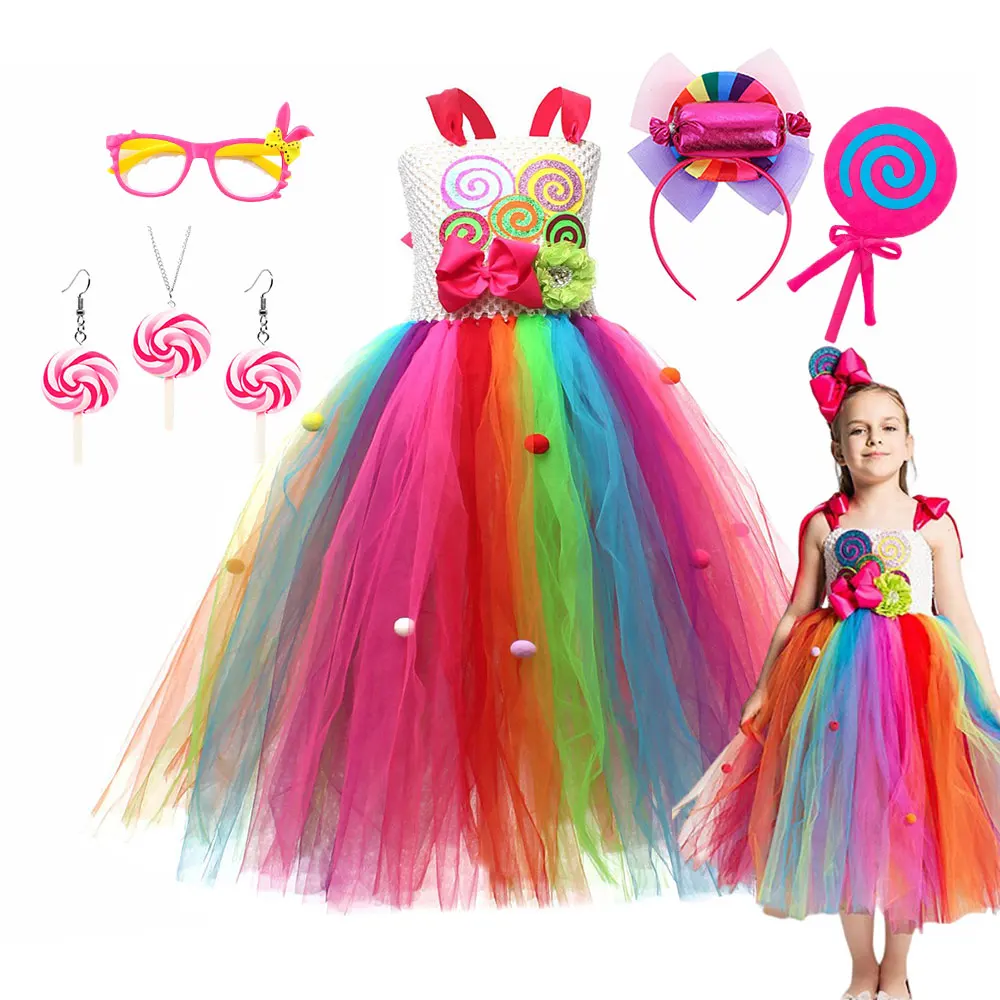 Ausgefallenes Candy-Fee-Tutu-Kleid für kleine Mädchen 2026, Purim-Festival-Bekleidung, Regenbogenkleid, Lollipop-Party, Cosplay-Kostüm, 2–12 Jahre