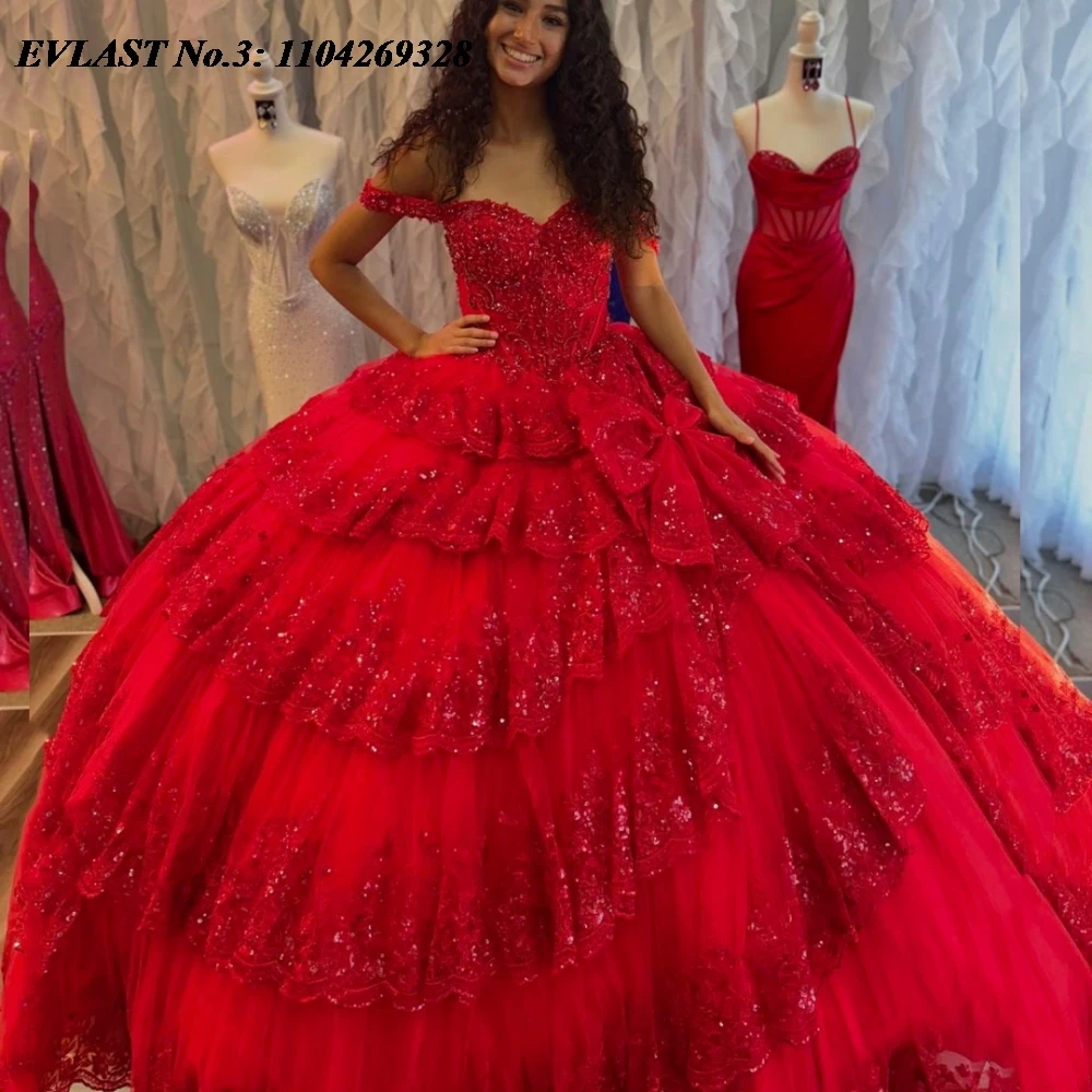 

EVLAST Customized Glitter Red Sequins Quinceanera Dress Ball Gown Applique Beaded Tiered Sweet 16 Vestidos De 15 Anos E3Q128