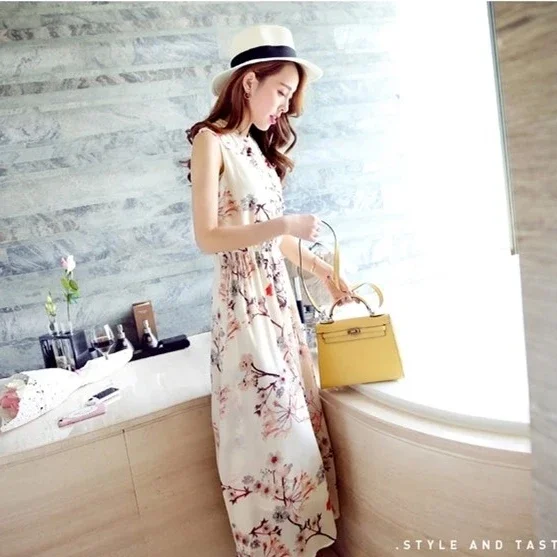 Korean Fashion Women Casual Holiday Dress Ladies Summer Sexy Floral Beach Sundress Bohemian Style Female Sleeveless Long Dresses