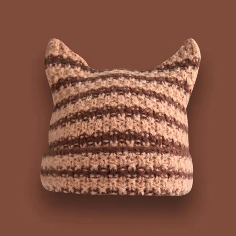 Autumn and winter warm wool female cute cat ears Korean version fashion striped knitted hat net red pullover hat