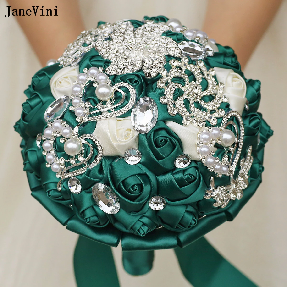 JaneVini New Luxury Bridal Bouquets with Silver Crystal Artificial Satin Roses European Dark Green Wedding Fake Bouquet Flowers