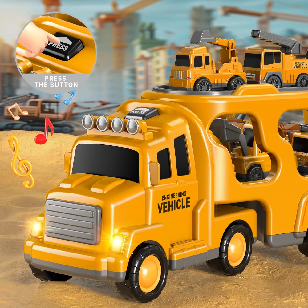 WizKidz 7 em 1 caminhões de construção carros brinquedos para crianças menino carro caminhão brinquedos com som leve presentes de aniversário para 3 + anos de idade menino