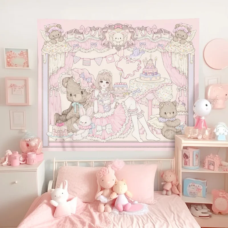 VIKAMA Pink Lolita Shoujo Girl Tapestry Teddy Bears Cake Sweet Kawaii Pastel Wall Hanging Aesthetic Bedroom Dorm Room Decor