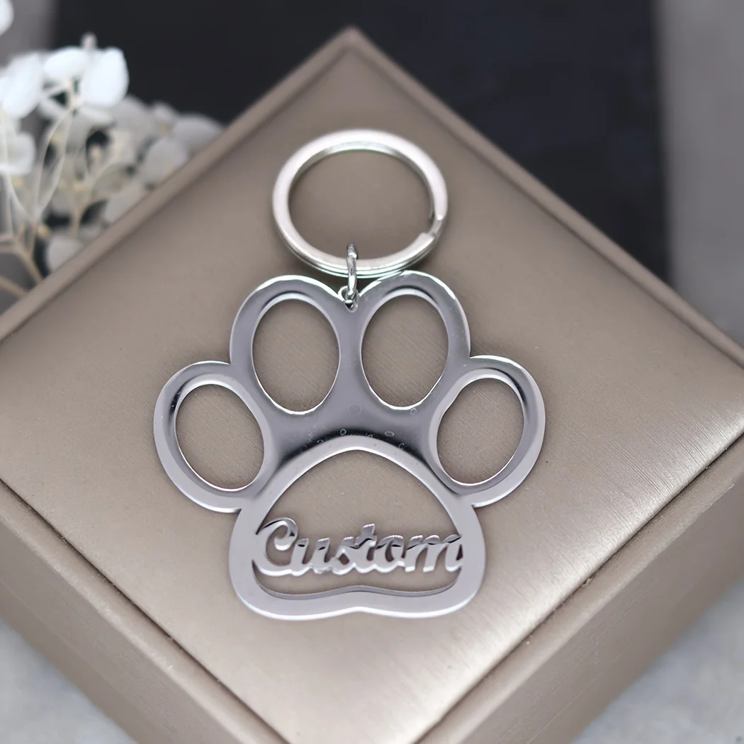 Custom-Designed Keychain Featuring a Paw Print - Engraved with a Personal Name, Cute Cartoon Dog Paw Design, Perfect Accessory