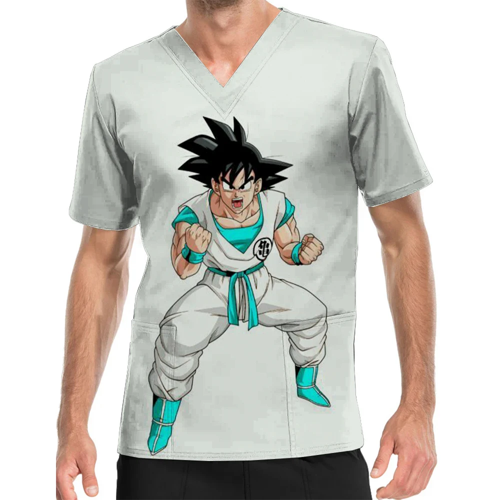 Men's V-Neck Print Scrub Top Medical Nursing Clothes Dragon Ball Son Goku Printed Short Sleeve Summer Work Uniform