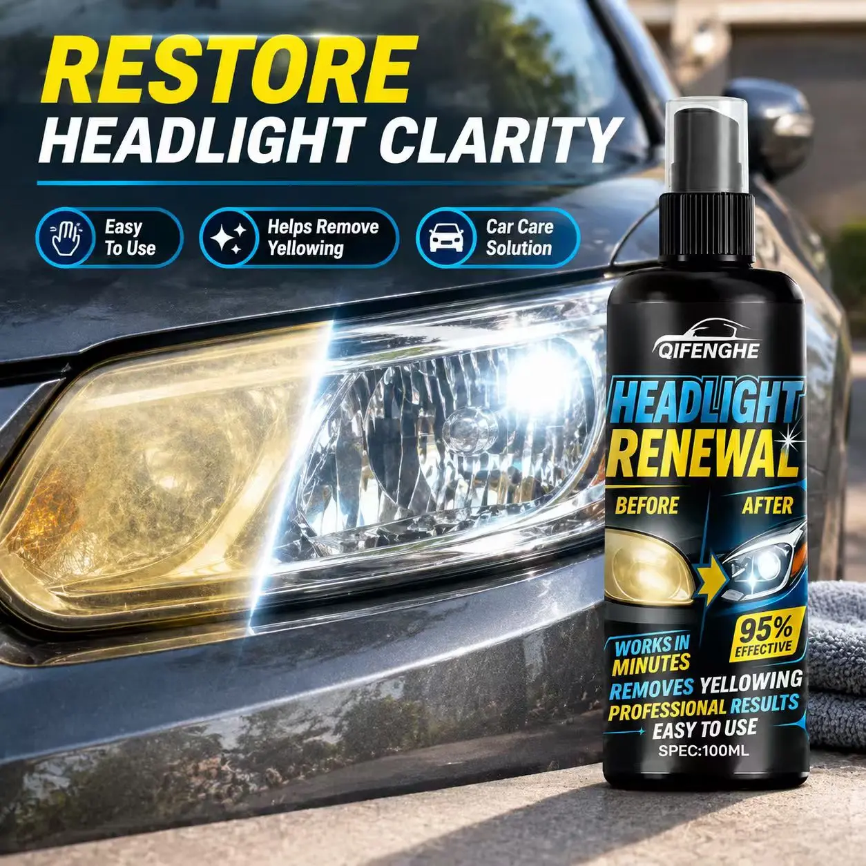 QIFENGHE 100ml Headlight Renewal Spray, Car Headlight Restoration Fluid, Remove Yellowing Oxidation, Restore Headlight Clarity,