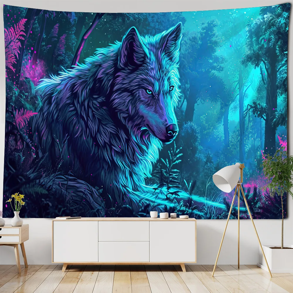 Psychedelic jungle wolf tapestry wall hanging dreamy animal art tapestry home decoration living room bedroom background cloth