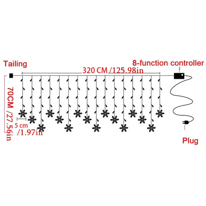Capodanno 2025 lampeggiante 8 modalità luce da giardino fiocco di neve tenda per finestra ghirlanda LED ghiacciolo fata luce spina europea