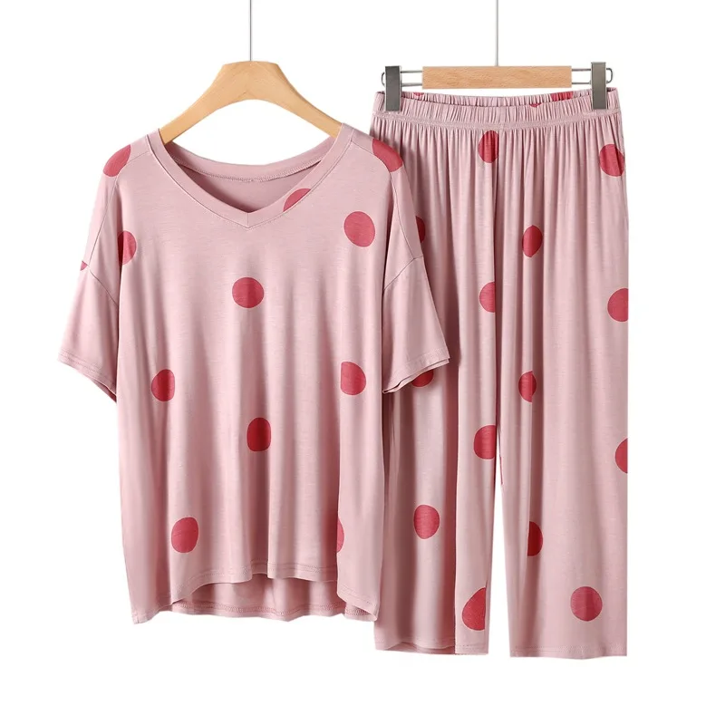 Pyjama modal femmes 2023 été manches courtes vêtements de nuit doux col en v vêtements de détente Pjs L-XXL adt taille Dot Print pyjama ensemble