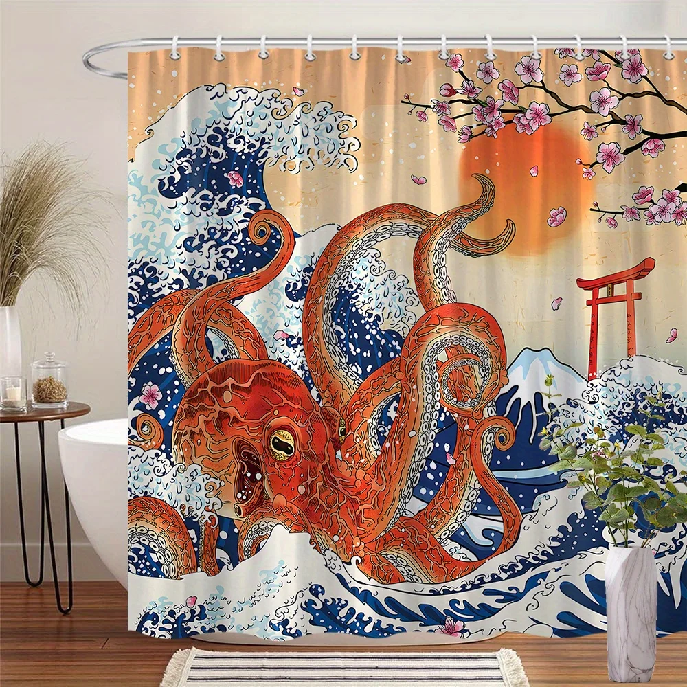 1pc Japanese Art Octopus Shower Curtain with Red-Orange Tentacles, Torii Gate & Cherry Blossoms - Sunset Waves Design, 70x70 Inc