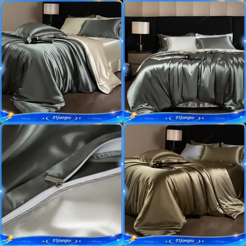 Luxury Silk Bed Sheets Set with Duvet Cover Fitted Flat Sheet Pillowcases Rayon Blend King Queen Full Twin Size Soft