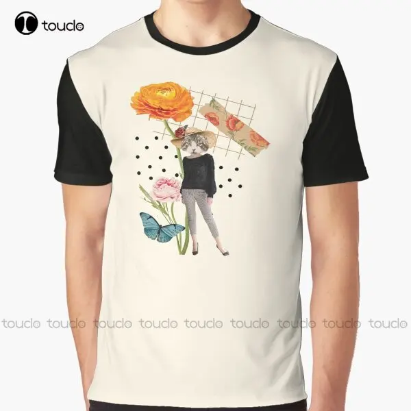 Transcendent Blooms - Cat Butterflies Flowers Graphic T-Shirt Digital Printing Tee Shirts Streetwear Xxs-5Xl New Popular Unisex