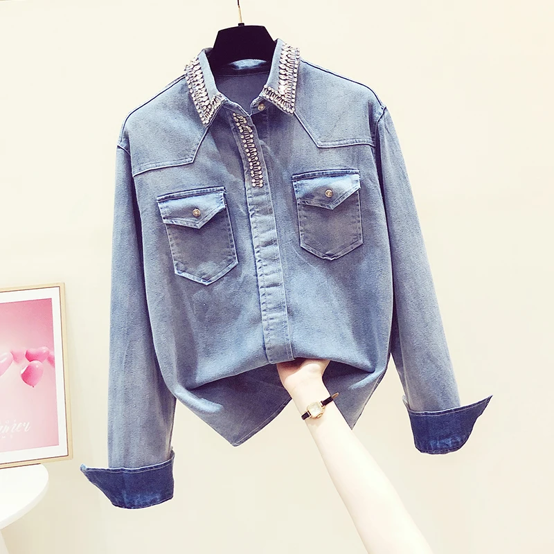 Exquisite Rhinestone Button Up Denim Shirt for Women 2022 Spring New Fashionable All-Match Long Sleeve Jean Blouse Ladies Top