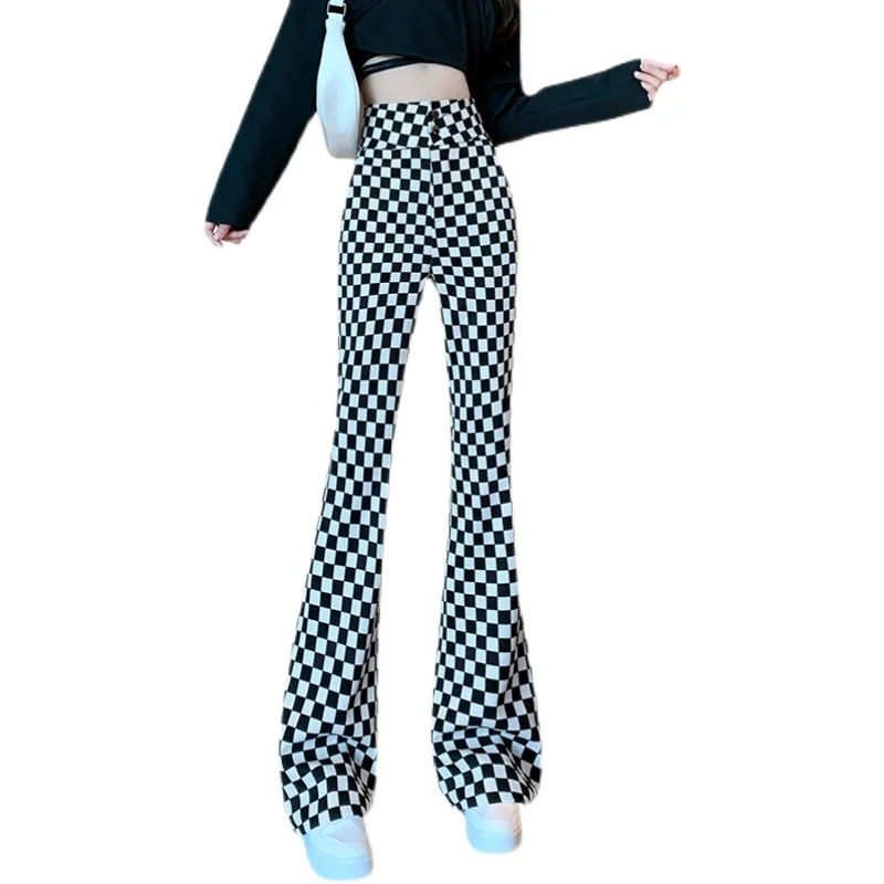 Retro Plaid Vrouwen Rechte Pijpen Casual Drapey Afslanken Hoge Taille Micro Uitlopende Broek Koreaanse Sle Pendelen Wind Lange Broek