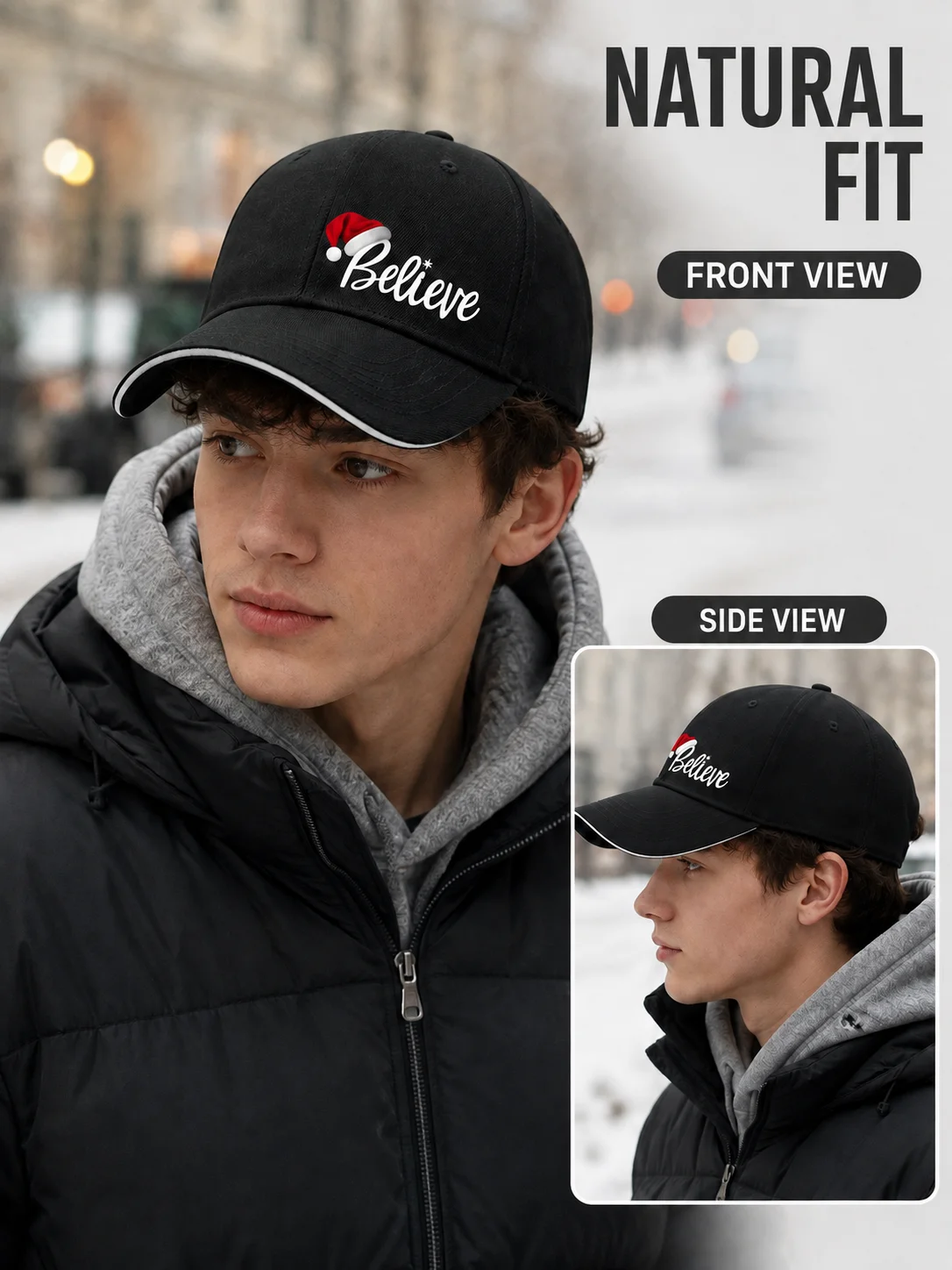 Neutral Christmas baseball cap, Believe letter Christmas cap print design, adjustable curved brim casual sun hat
