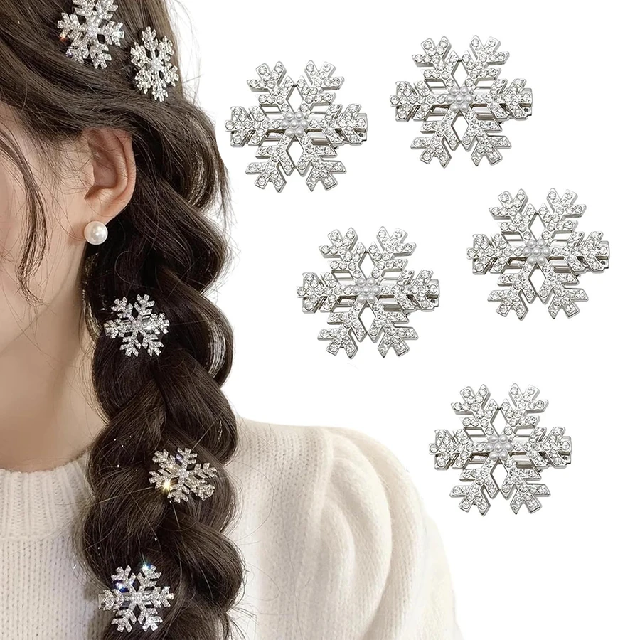 

5-Pack of Cool and Sparkling Rhinestone Snowflake Hair Clips for Winter Holiday Parties, Women's Hair , Christmas Bangs Clips