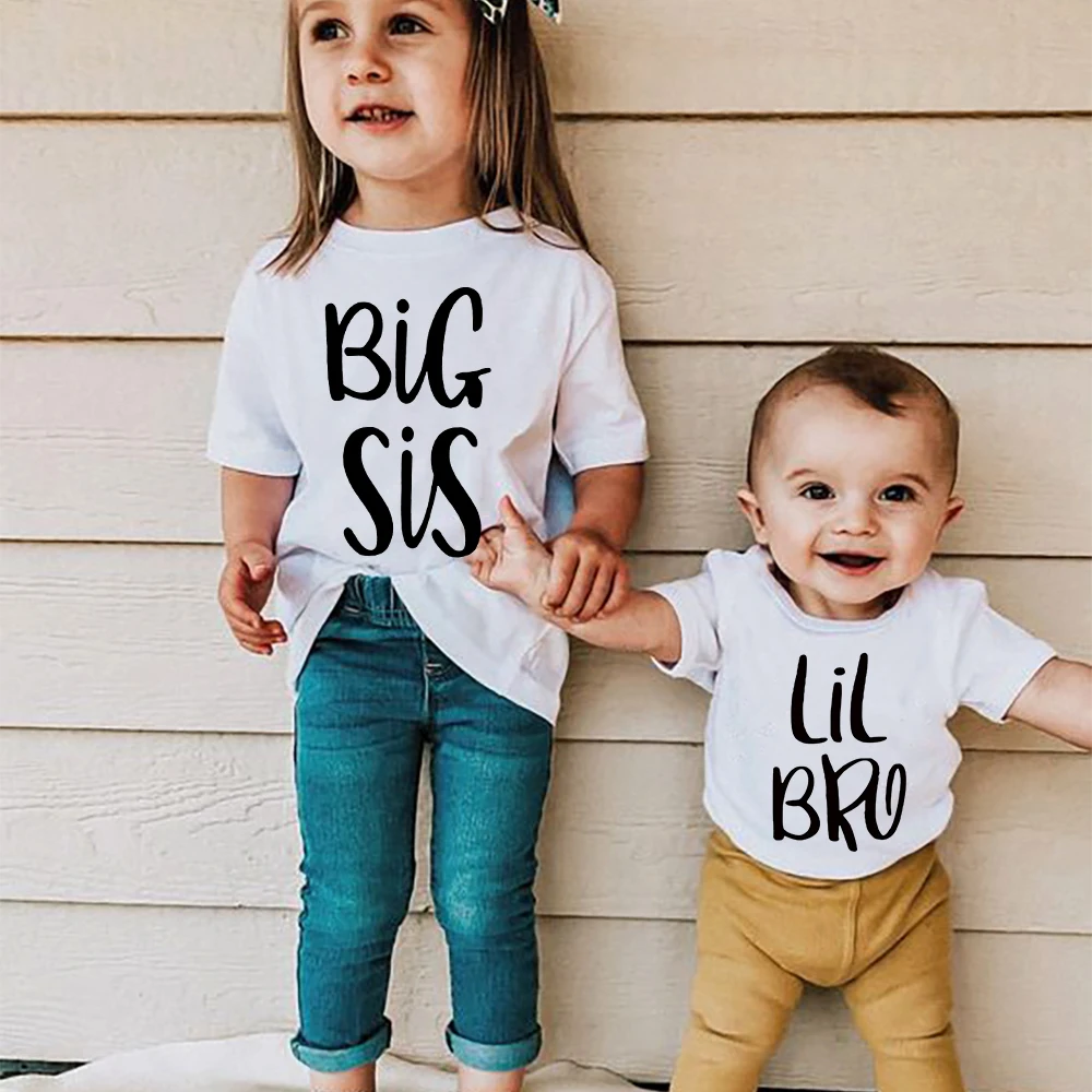 Big Sister Little Brother Twins Kids Tshirt Summer Short Sleeve Letter Tops Girls Boys Graphic Tee Twins Matching Outfit T-shirt