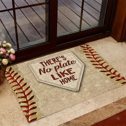 Baseball-Themed Flannel Doormat "There's No Plate Like Home" Design Perfect Gift for Baseball Fans Mat Machine Washable Decor