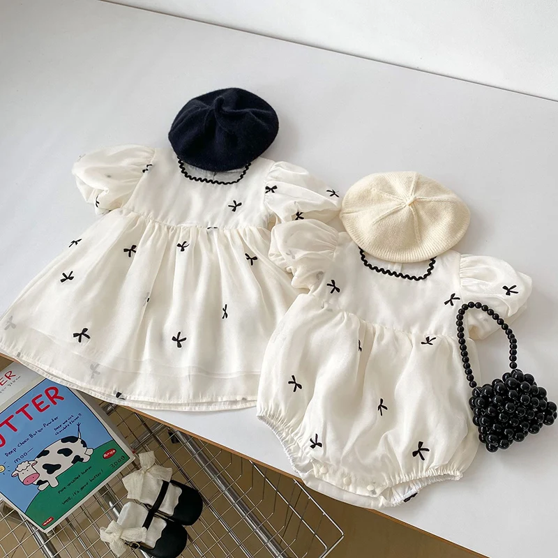 Summer Sisters Outfits Girl Infant Bow Puff Sleeve Bobydsuit Newborn Baby Mesh Cotton 1-6Yrs Fashion Princess Dress Kids Clothes