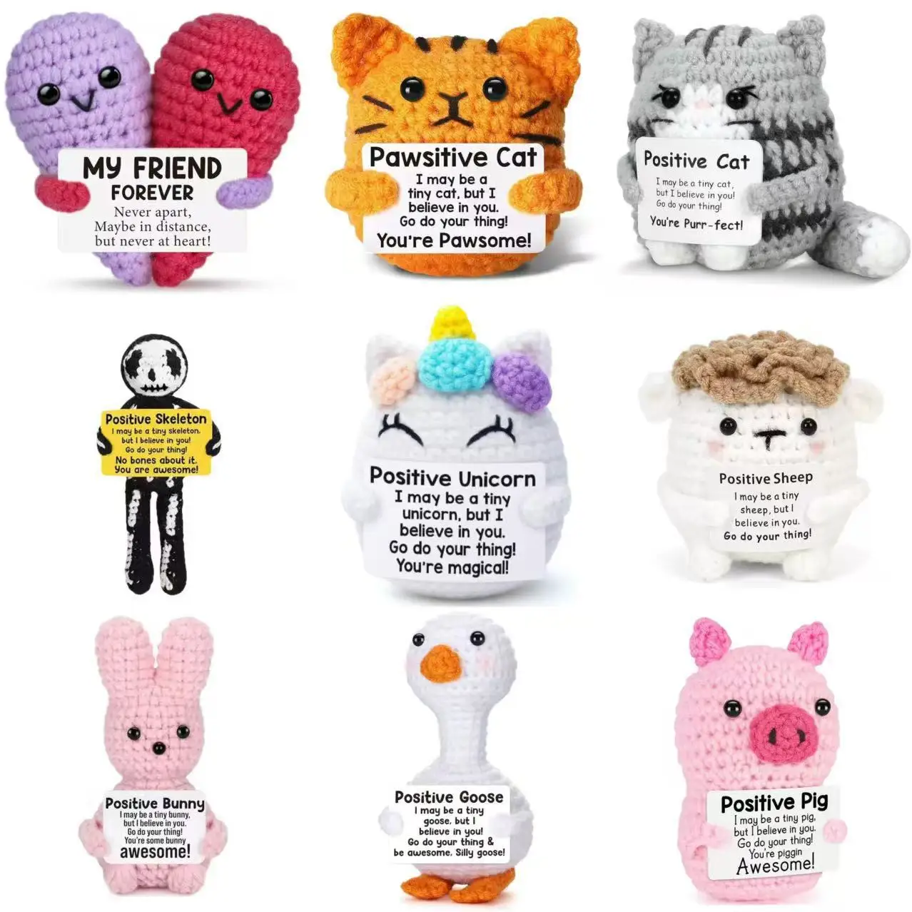 Funny Crochet Positive Inspirational Emotional Support Cat Doll Home Room Decoration Handmade Knitted Cat Desktop Ornament Gift