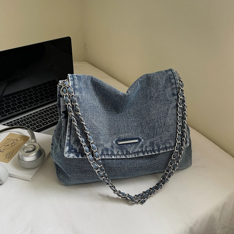 

Vintage Denim Commuting Single Shoulder Bags Women's Large Capacity Chains Tote Bag Korean Style Daily Casual Handbags