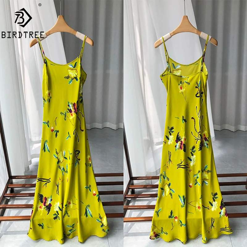 BirdTree 17.4MM 100%Real Silk Dress for Women, Sand Wash Flower Print, Elegant Spaghetti Strap Dress 2024 Spring Summer D41633QM