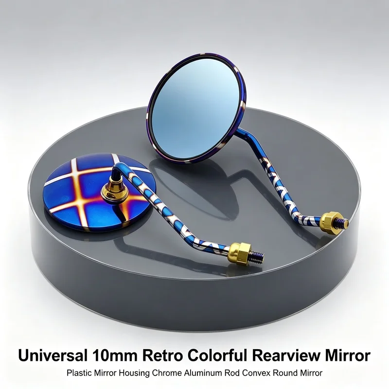 Universal 10mm Blue Colorful Retro Grid Texture Motorcycle Rearview Mirror Mount Thread Wide Vision Side Mirror Replacement