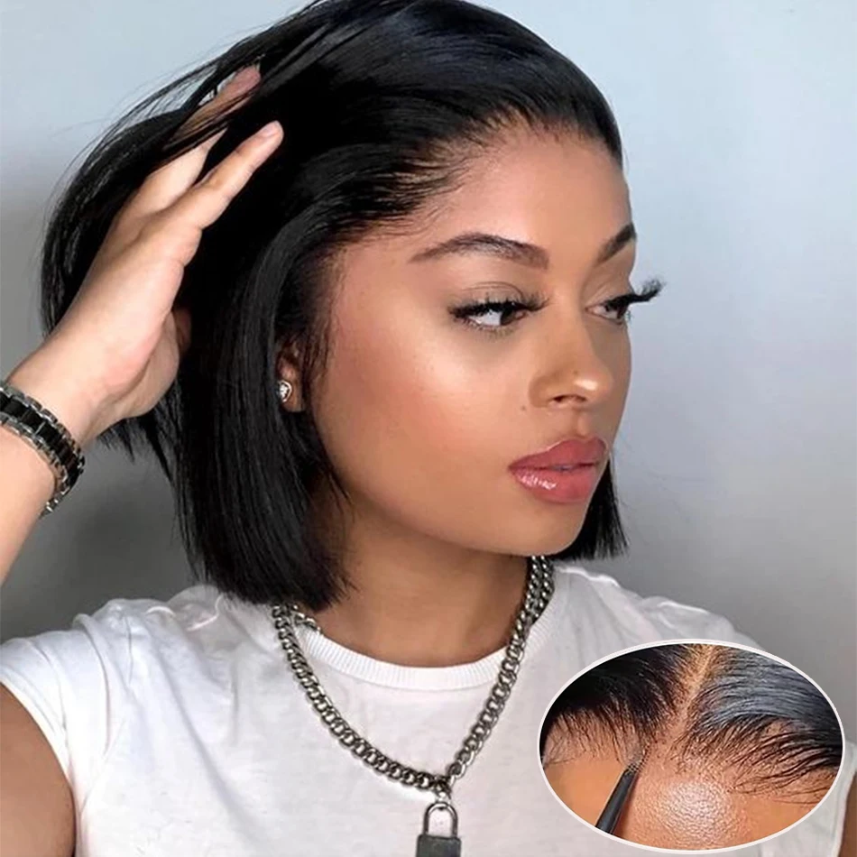 Brazilian Bone Straight Short Bob13x4 Glueless Lace Frontal Human Hair Wigs HD Transparent Lace Front Ready To Go 4x4 Lace Wig