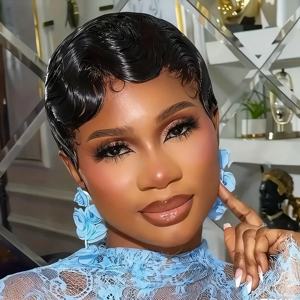 korte vinger golf menselijk haar pruik pixie pruik natuurlijke zwarte kleur voor vrouwen dagelijks feestgebruik pruik pixie cut pruik machine gemaakt