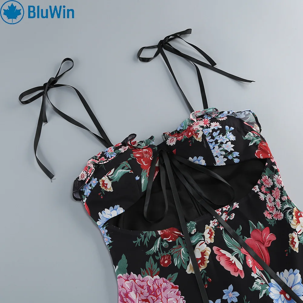 BluWin Sexy Bustier-Cami-Crop-Top mit Blumendruck und gestuftem Rüschen-Minirock-Set – bauchfreies zweiteiliges Kleid