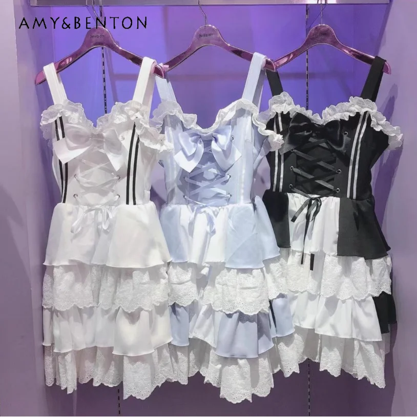 

Japanese Sweet Cute Ruffled Lace Ball Gown Dresses Mine Mass-Production Lolita Mini Dress Kawaii Sleeveless Slim Summer Dress