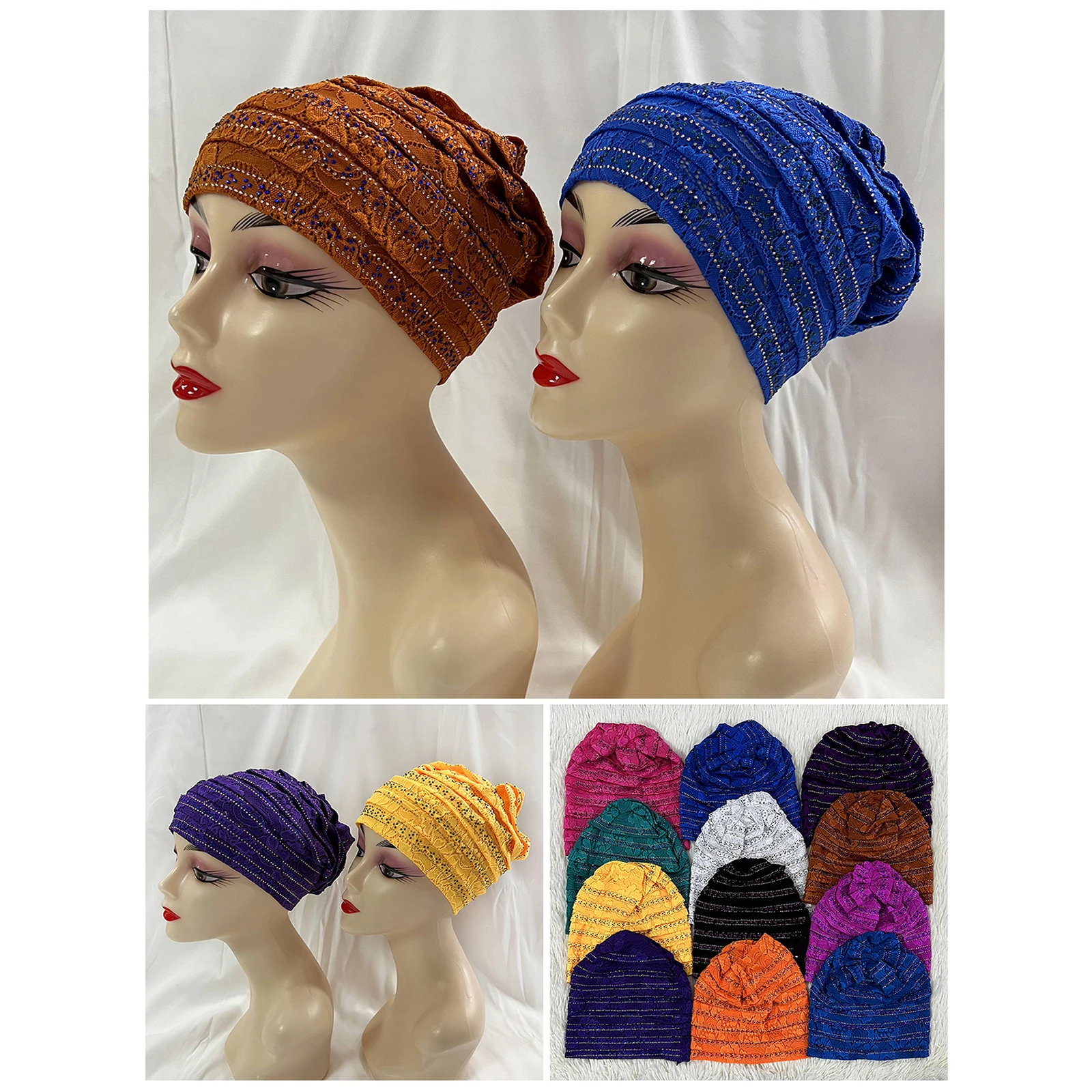 Ordine all'ingrosso nuovo cappello turbante femminile musulmano cofano elasticità del merletto strass caldo solido berretto indiano berretto per capelli per le donne