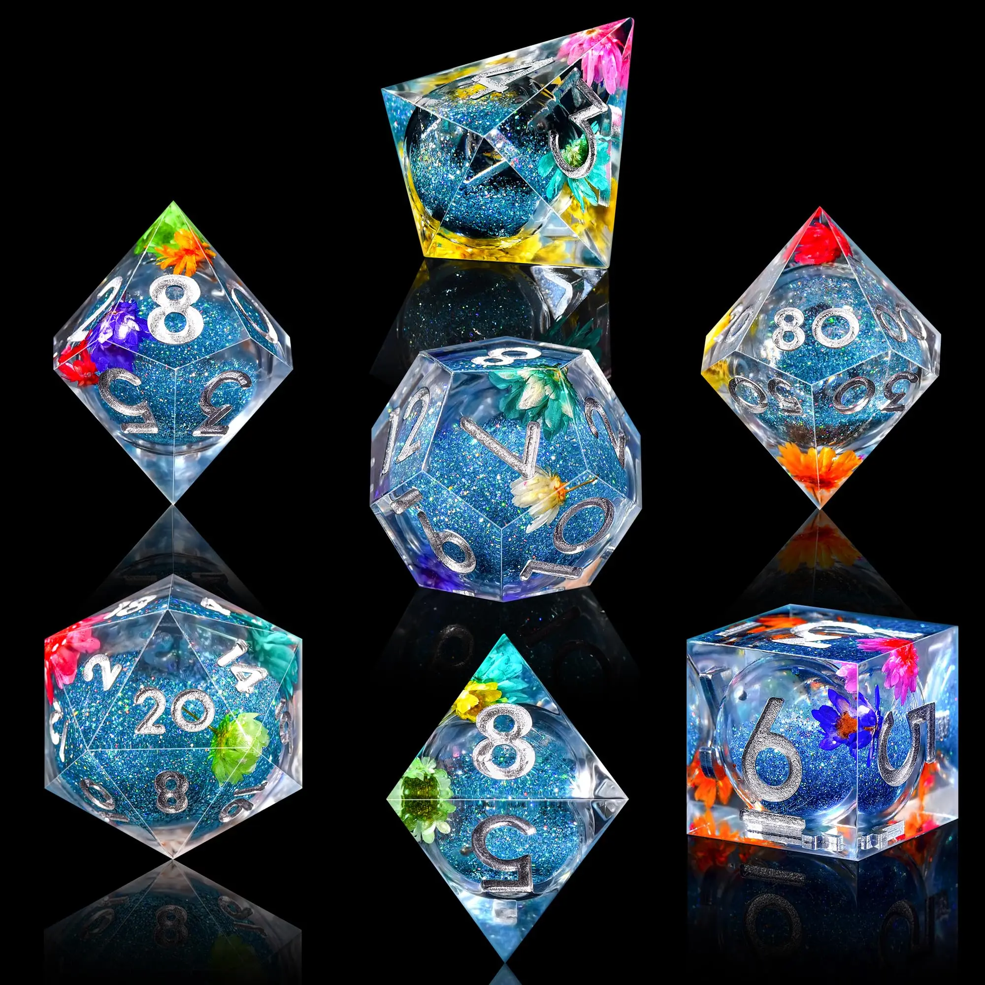 7pcs Handmade Resin Polyhedral Dice Set for DnD, Semi-Transparent RPG Dice for Board Games, Dungeon and Dragons Dice D20 D12 D10