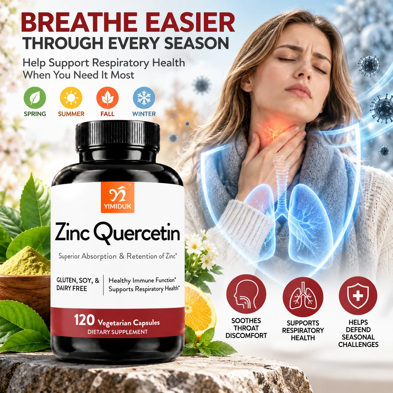 Zinc Quercetin Daily Health Capsules, Support Immune, Antioxidant, Respiratory Status, Skin Condition, Seasonal Physical Comfort