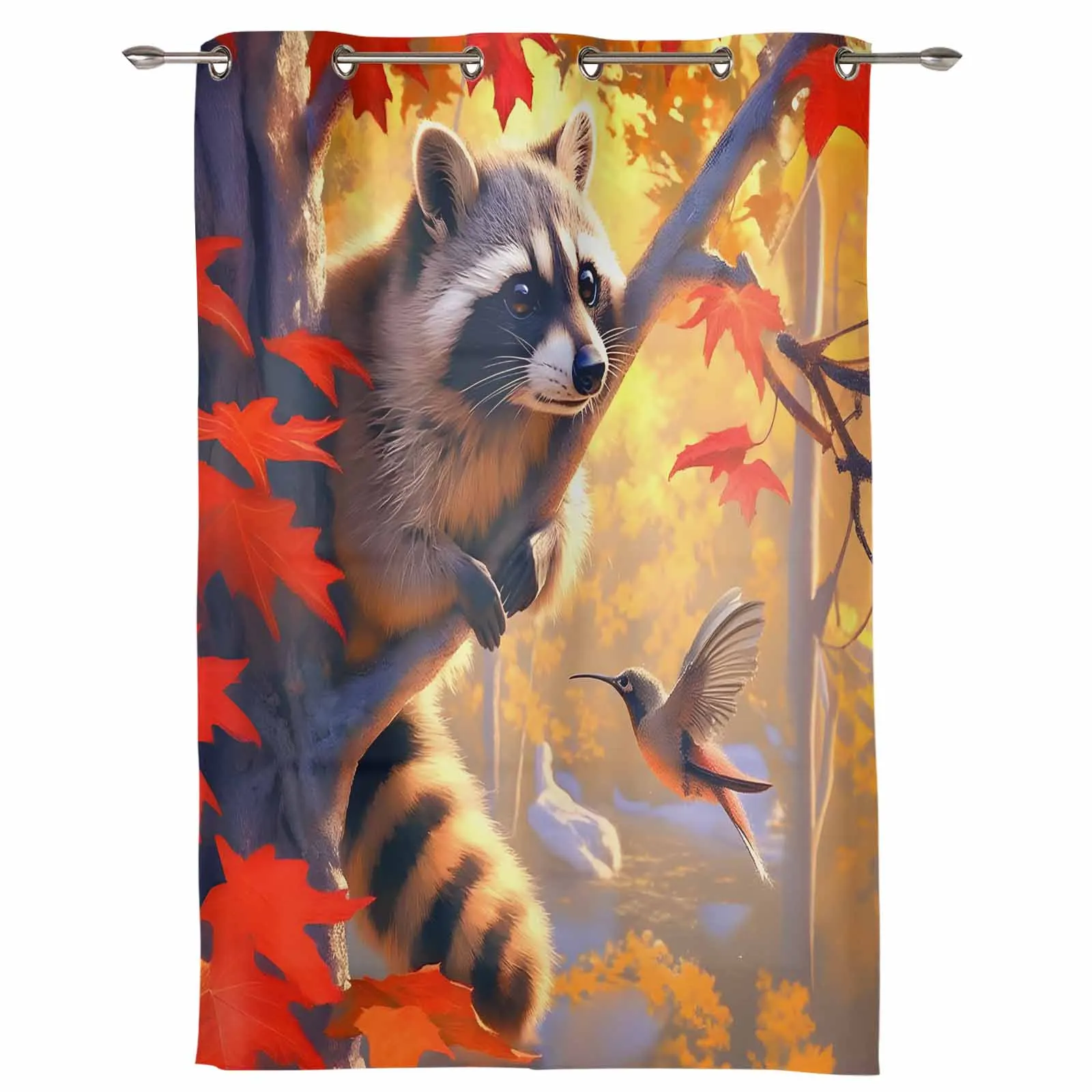 Autumn Maple Tree Maple Leaf Raccoon Hummingbird Curtains for Living Room Hotel Decor Window Treatment Luxury Drapes