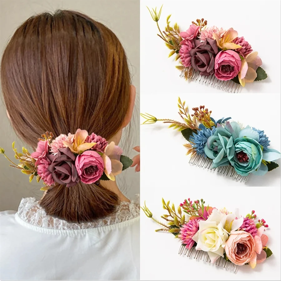 2024 Brides Wedding Flower Hair Comb Hairpin Bridesmaid Headdress Hair Combs Hair Accessories for Women Girls Floral Hairpins