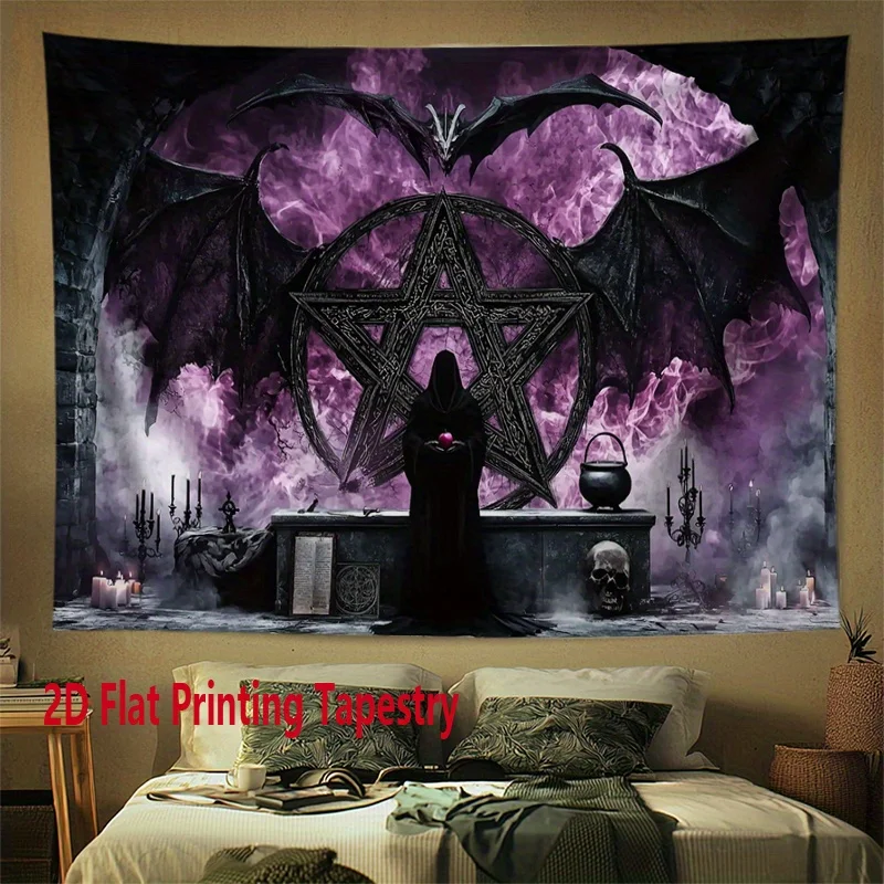 VIKAMA Halloween Gothic Wall Tapestry Purple Smoke Pentagram Bat Black Robe Wizard Altar Mysterious Skeleton Dark Wallpaper Part