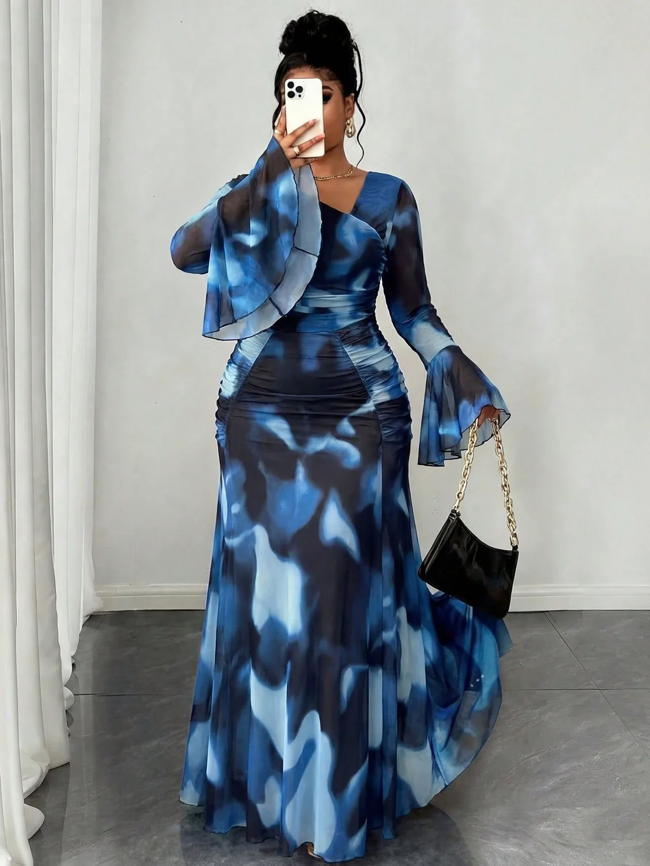 

Plus Size Women Sexy Semi-Sheer Extra Long Pleated Asymmetric Shoulder Long Sleeve Dress