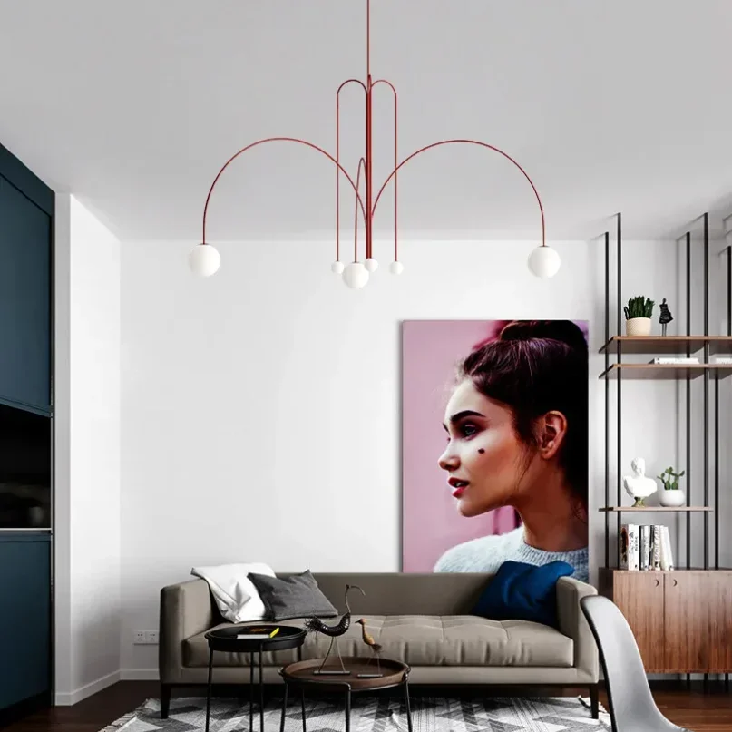 

Postmodern geometric chandelier Red Glass Ball minimalist lamp Creative Living Room Dining Home Decor molecular Arch Hang Lamps