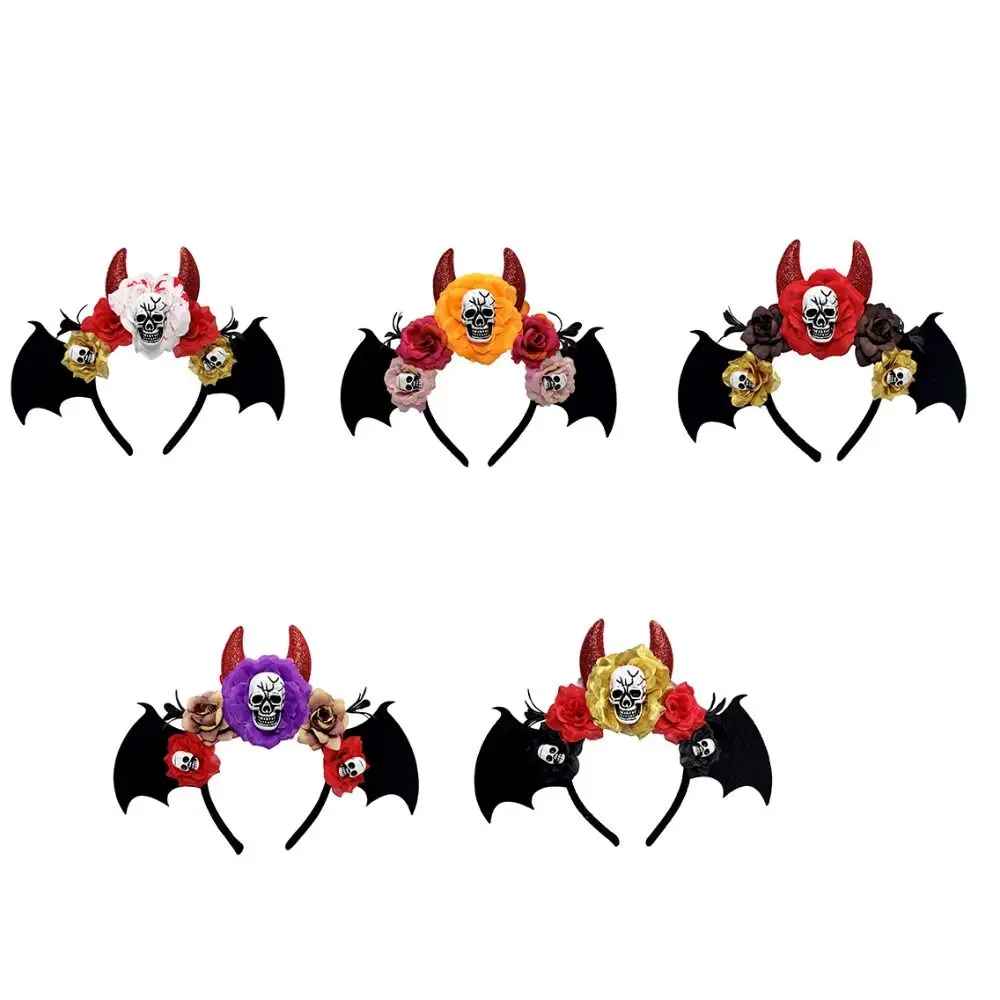 القوطية الجمجمة رئيس الشعر هوب محاكاة الزهور الظلام هالوين الجمجمة عقال ديكور الخفافيش يوم الموتى هيرباند منزل مسكون