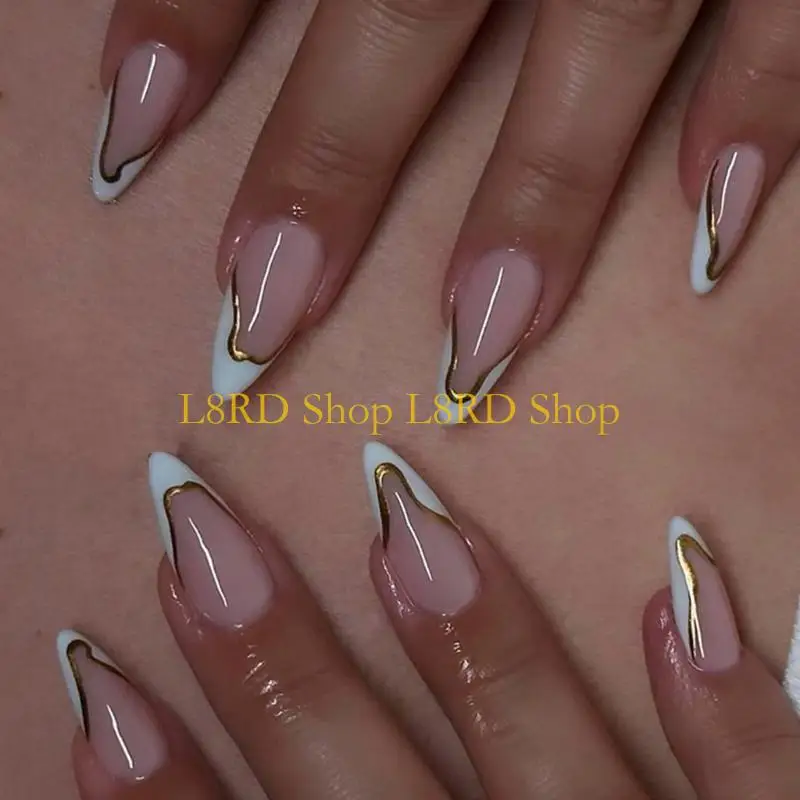 L8RD 1 Set French Tip False Nails Detachable Press On Nails Almond Full Cover on Nails Manicures Supplies for Woman