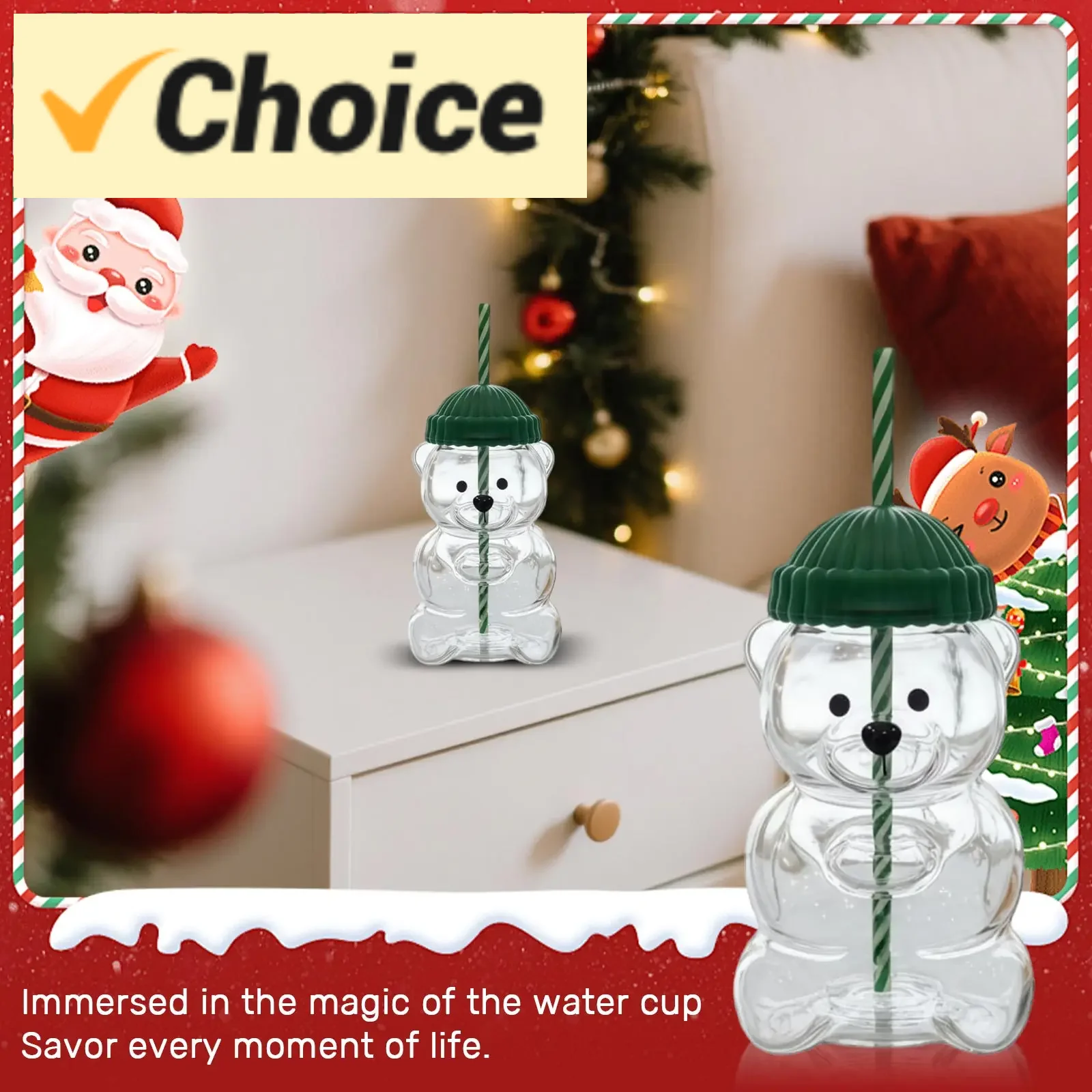 

﻿ Стеклянная соломенная чашка в форме медведя — ограниченная серия, рождественская коллекционная модель с зеленой шляпой Санты, стеклянный стакан без BPA для праздника D