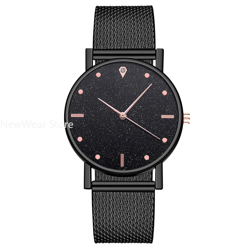 Reloj de pulsera de cuarzo para mujer, cronógrafo de malla de silicona con cielo estrellado, color negro, sencillo, a la moda, envío directo