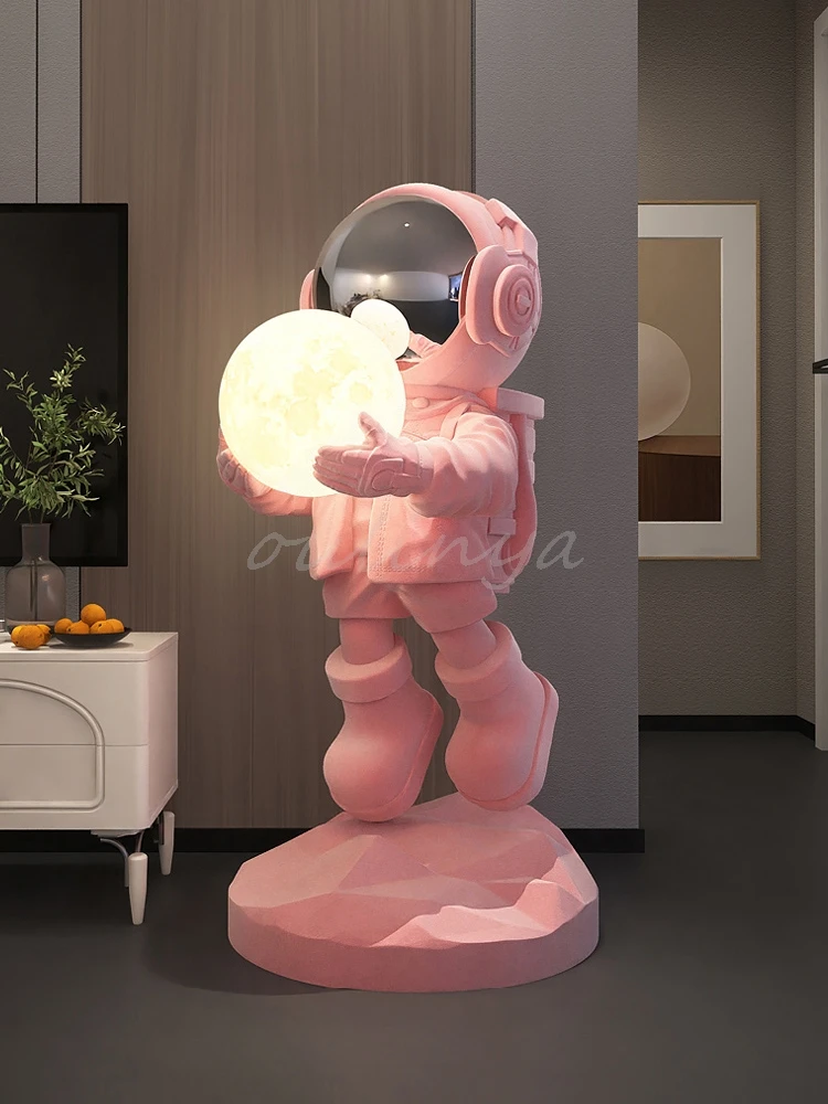 80CM Luminous Flocked Astronaut Statue, Large Floor Sculpture, Living Room Welcome Home Art Ornament Figurine