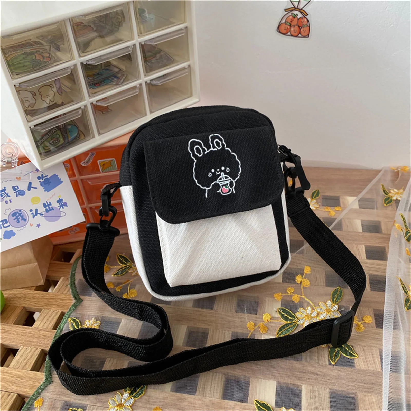 Desenhos animados coelho impresso lona crossbody sacos para mulheres, pequeno Messenger Bag, bolsa casual para menina, estudantes Zipper Purse, moda